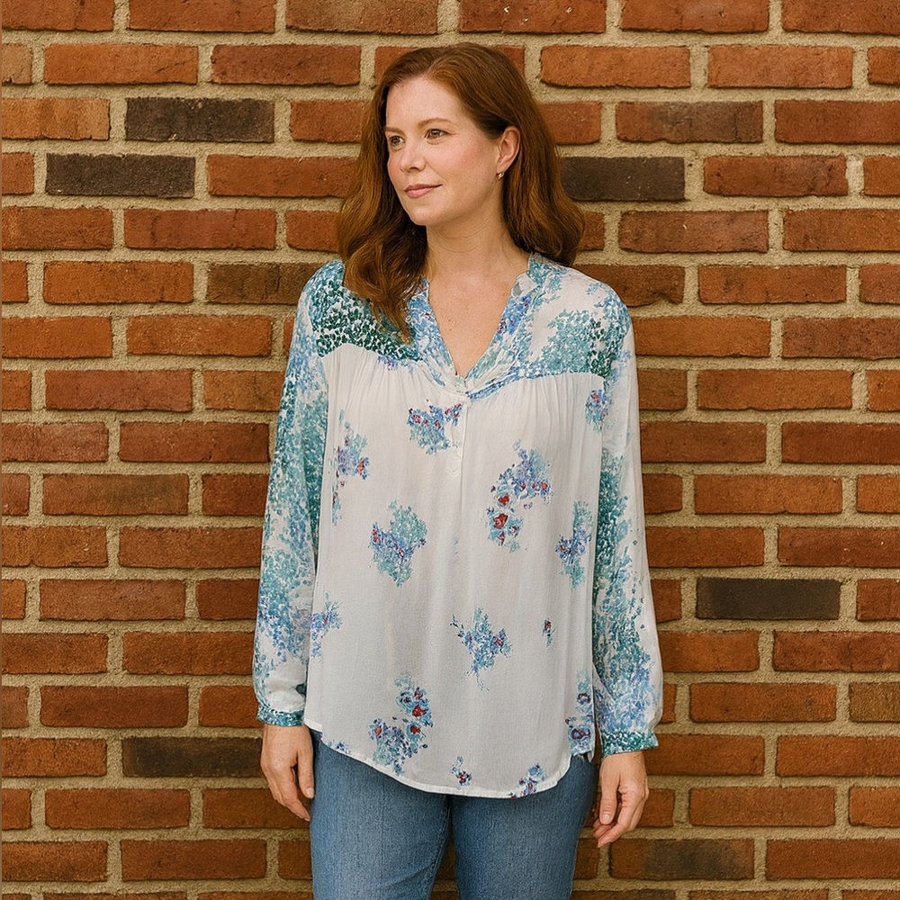 Lucky Brand Floral Mixed Media Peasant Blouse Blue Green Size Small